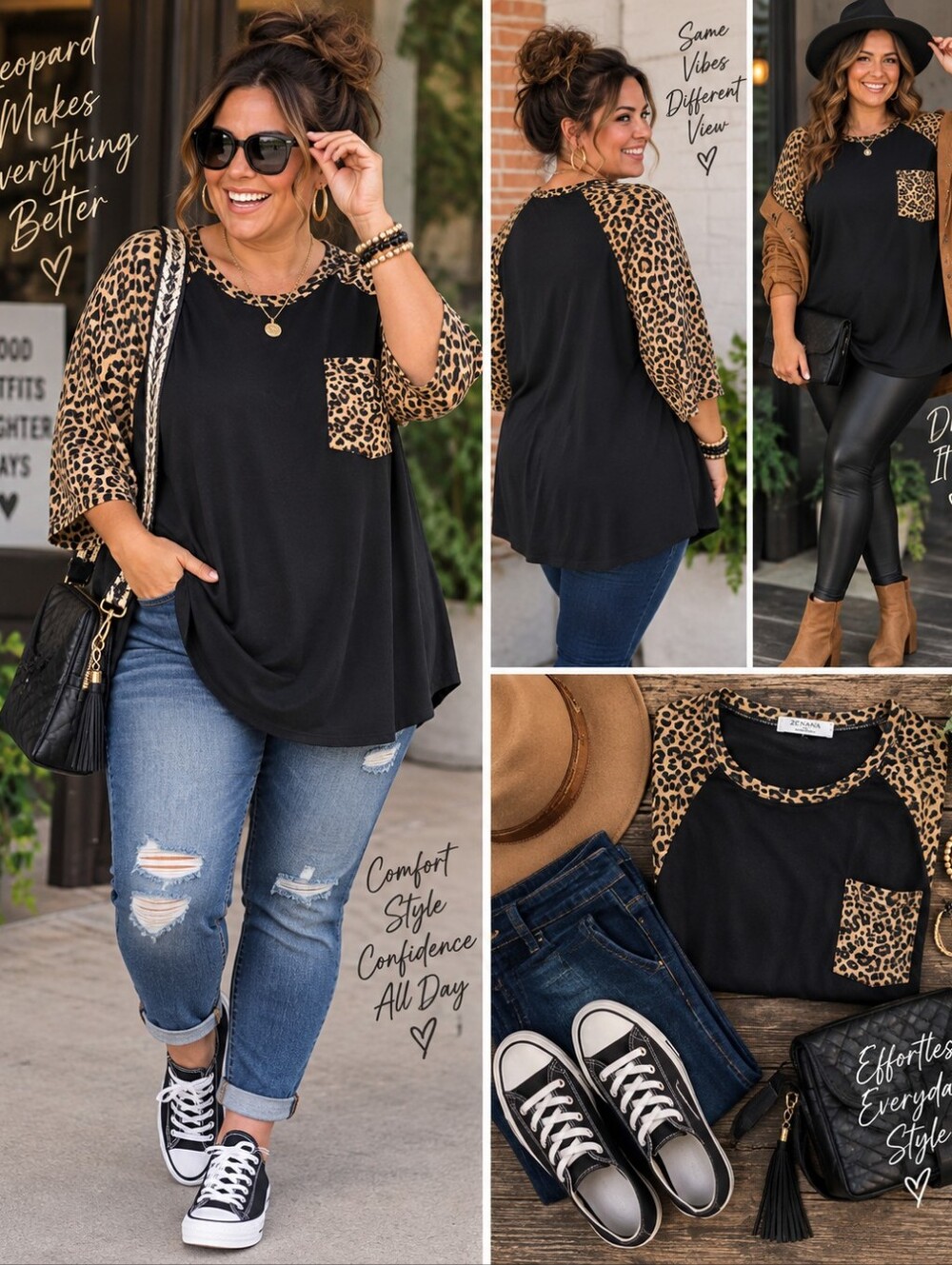 Zenana 2X Black Leopard Print Raglan Pocket Top Plus Size Tunic